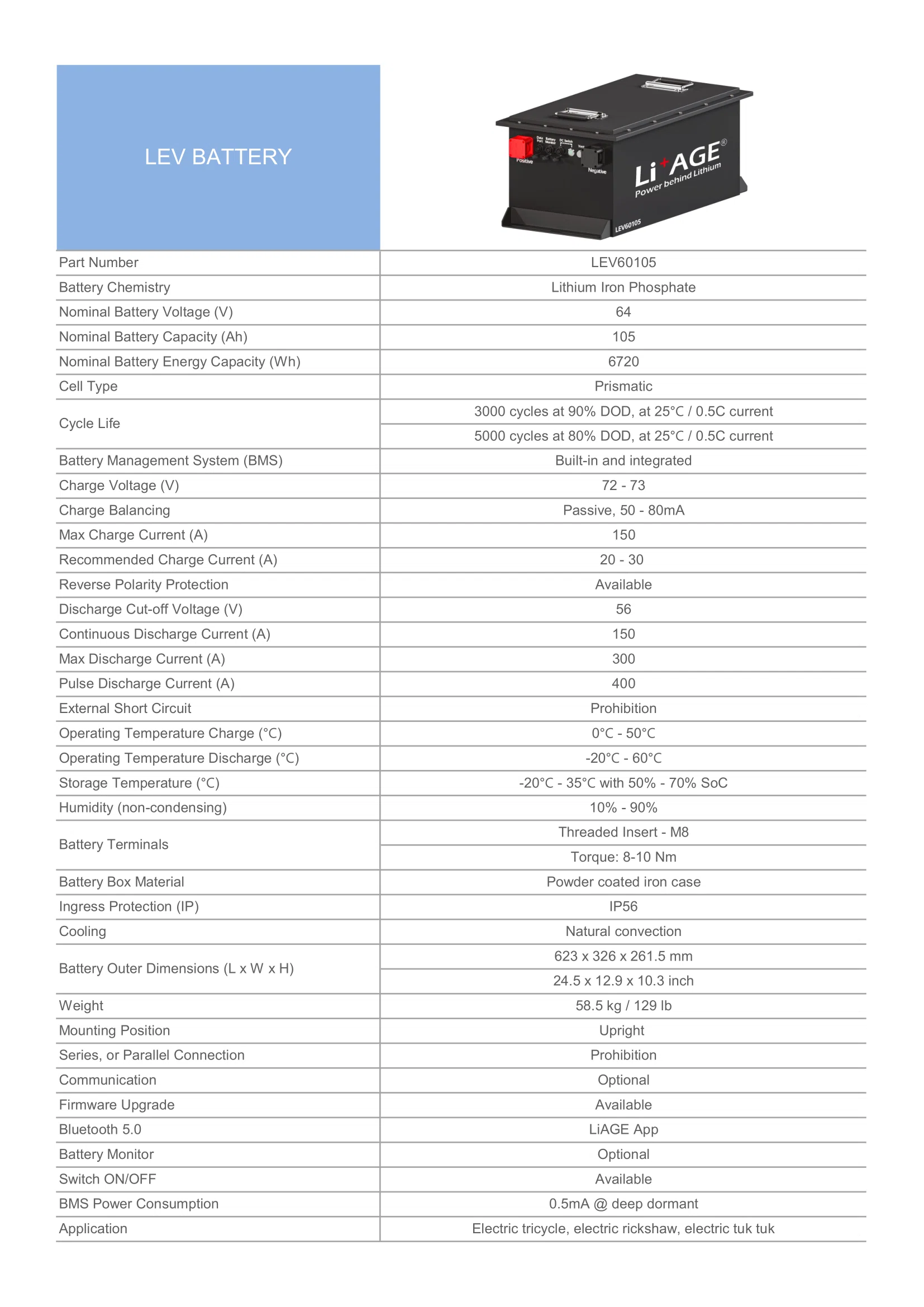 Electric tricycle, tuk tuk, rickshaw battery 60V 105Ah LEV60105.webp